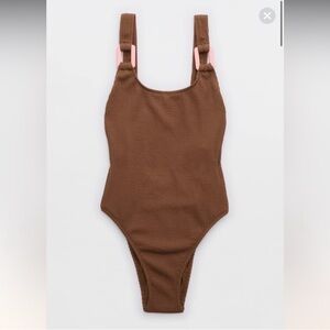 Aerie Birthday Crinkle Scoopneck One Piece Dark Brown with Pink Accents NWT